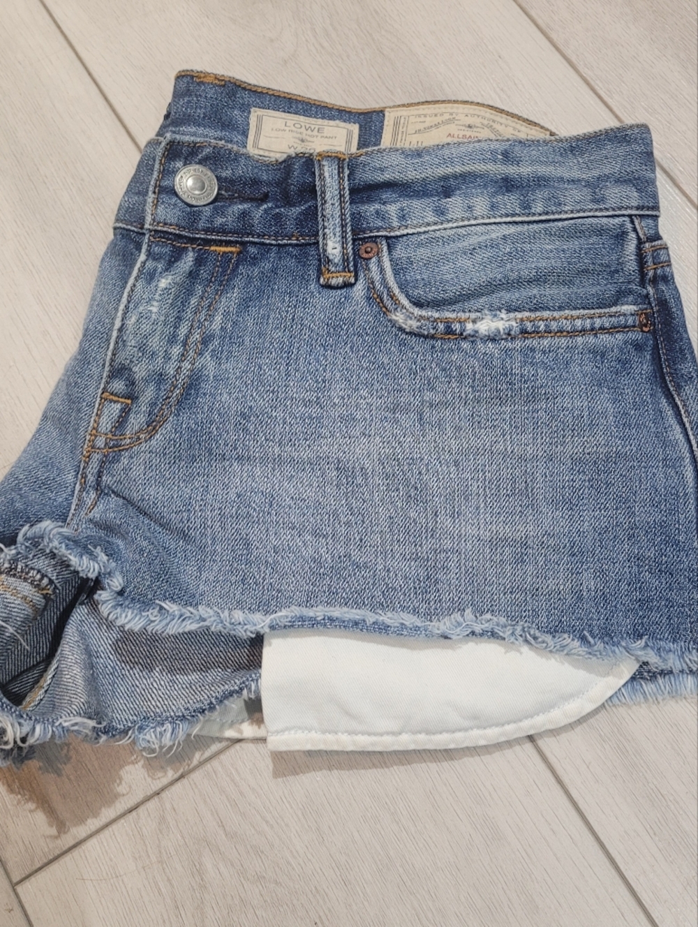 AllSaints Women's Lowe Low Rise Hot Pant Denim Shorts 26 Blue Distressed Y2K